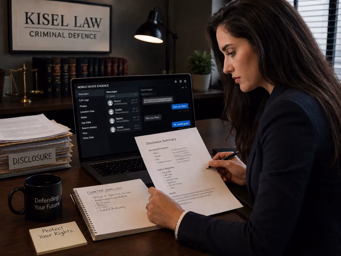 criminal defence lawyer reviewing phone evidence disclosure