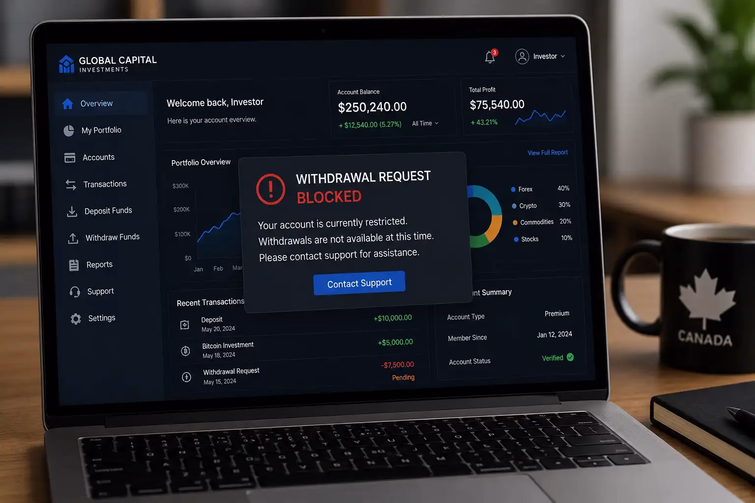 Fake investment dashboard showing withdrawal problems