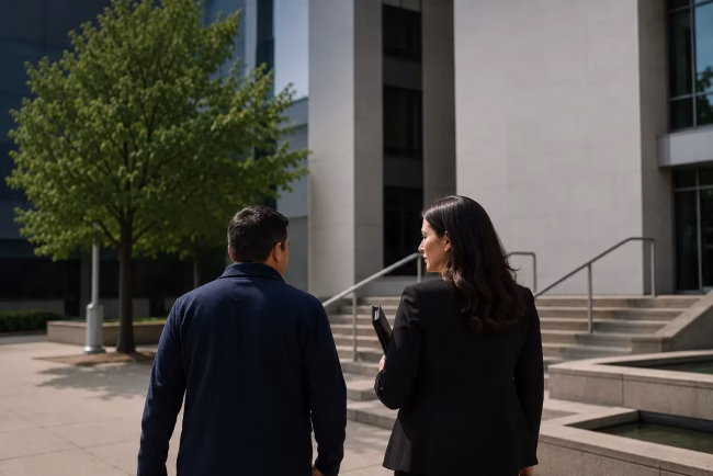 brampton-criminal-court-defence-lawyer Criminal defence lawyer accompanying a client toward a courthouse