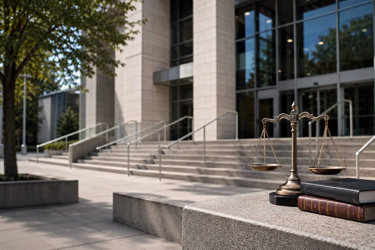 Scales of justice and law books outside a modern courthouse
