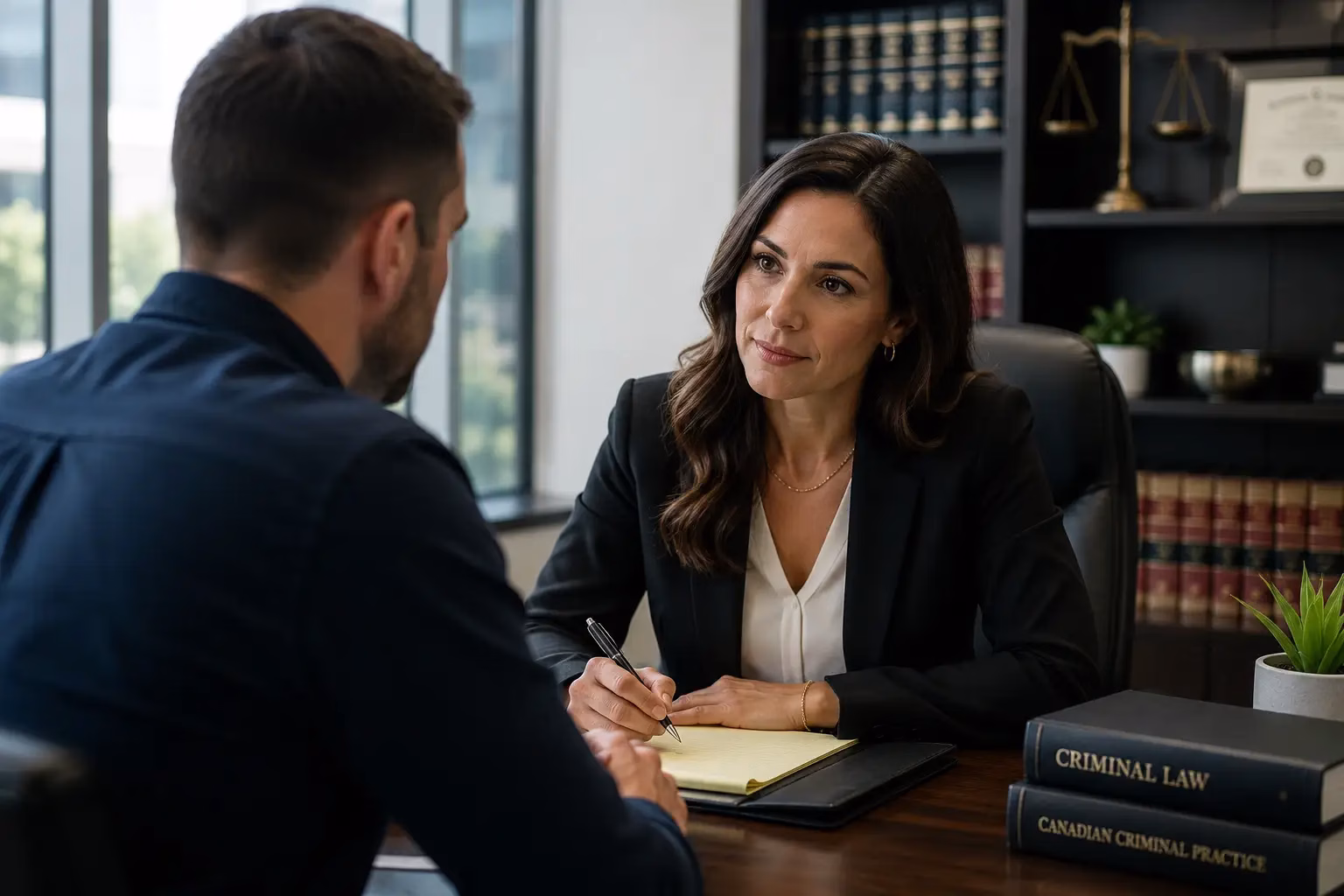 Criminal defence lawyer discussing a court case with a client