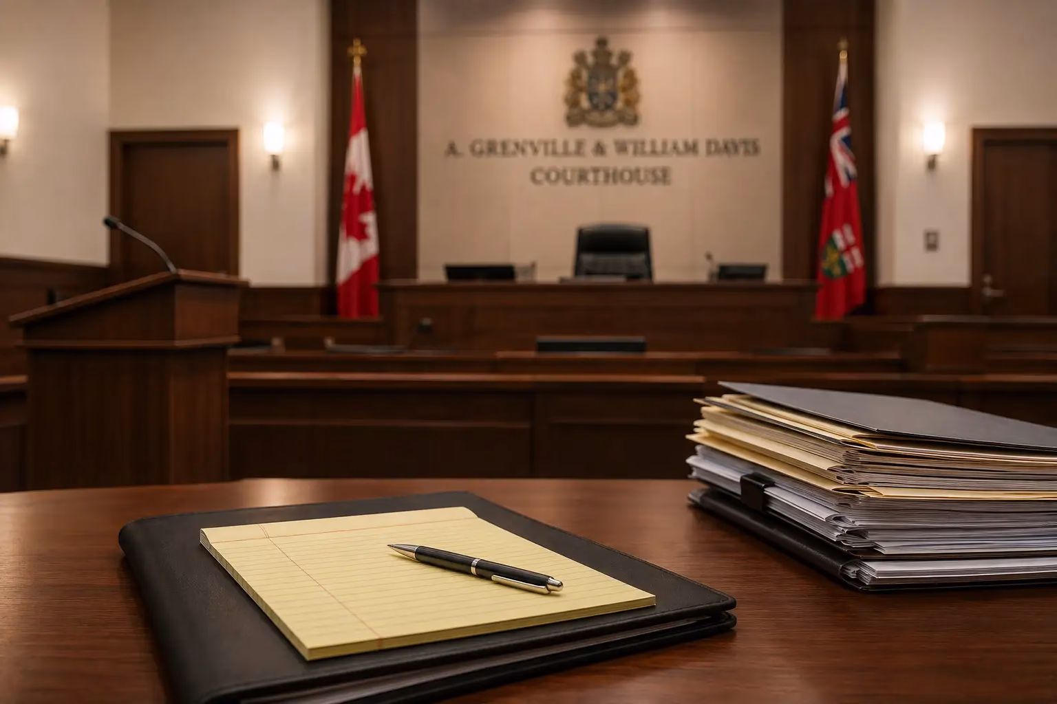 Legal files and notes prepared inside a criminal courtroom