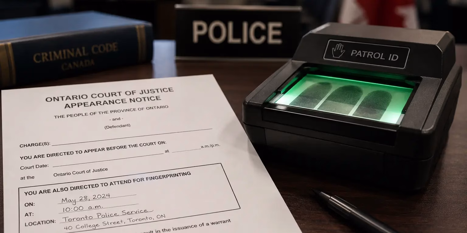 Criminal fingerprinting in Ontario appointment paperwork beside a fingerprint scanner