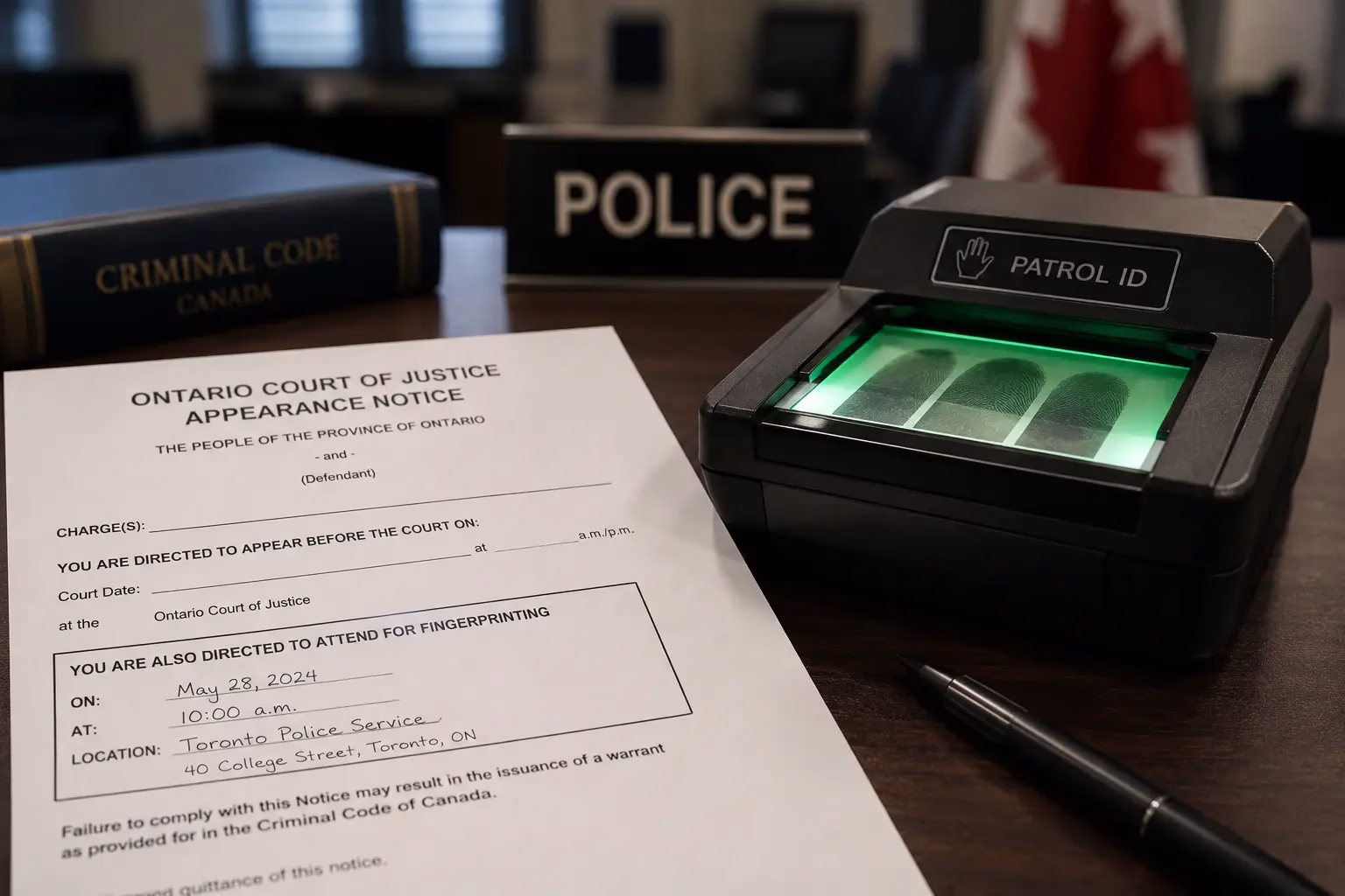 Criminal fingerprinting in Ontario appointment paperwork beside a fingerprint scanner