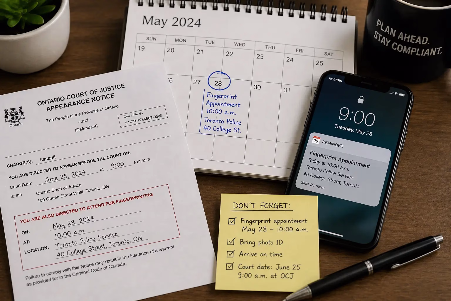 Calendar reminders helping an accused person avoid missing an Ontario fingerprint date
