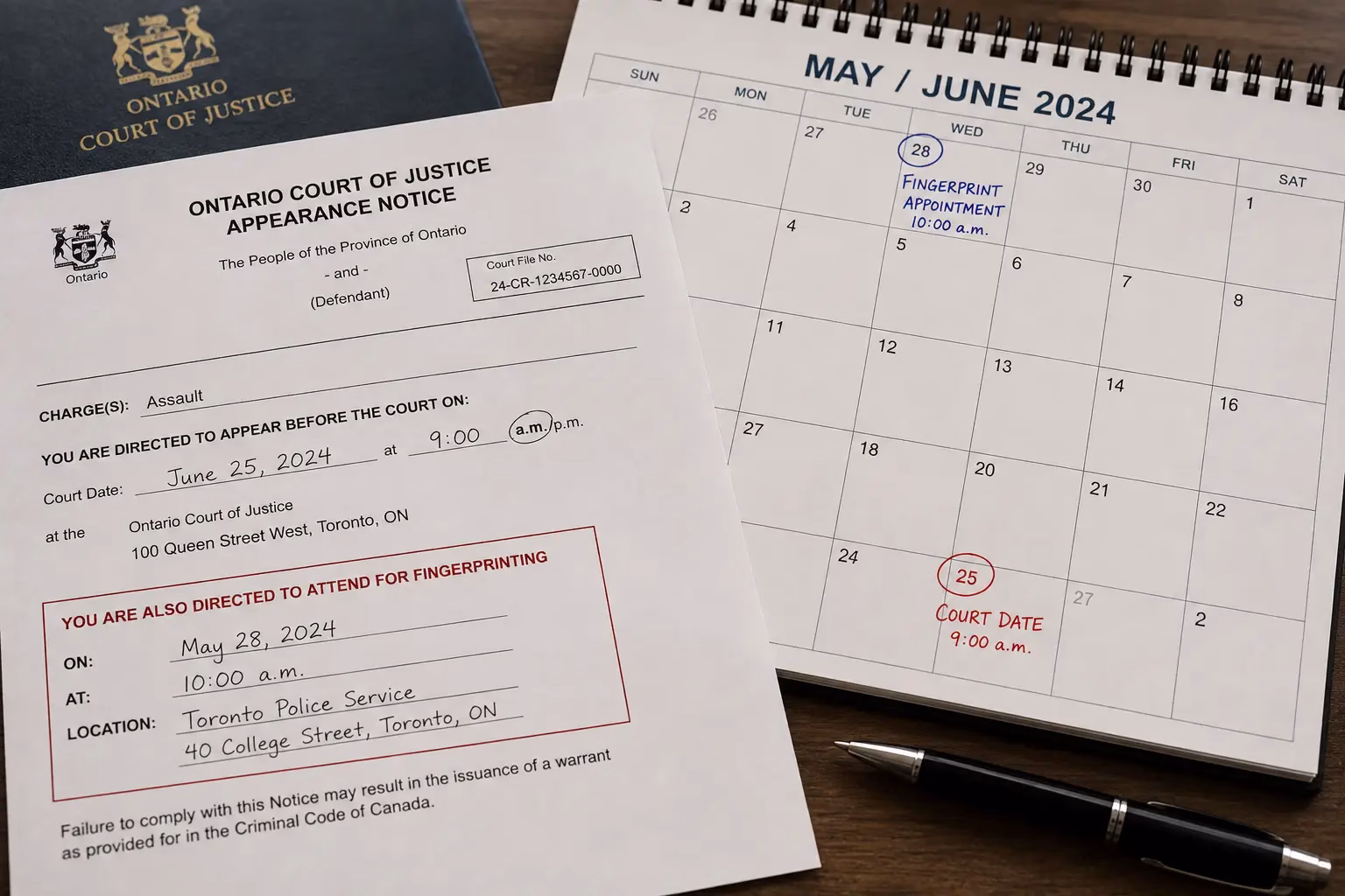 Fingerprint appointment and criminal court dates marked separately on Ontario paperwork