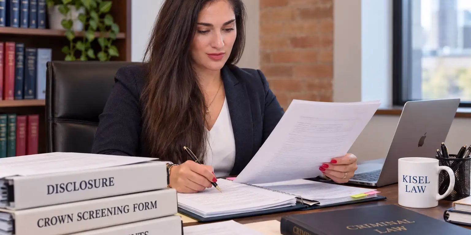 crown-pre-trial-in-ontario Crown pre-trial in Ontario preparation with criminal defence lawyer reviewing disclosure