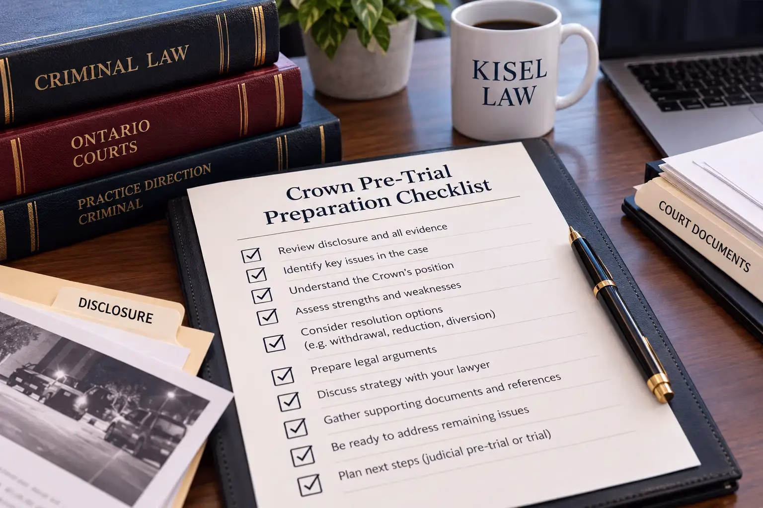 Checklist for preparing for a Crown pre-trial with disclosure and court documents