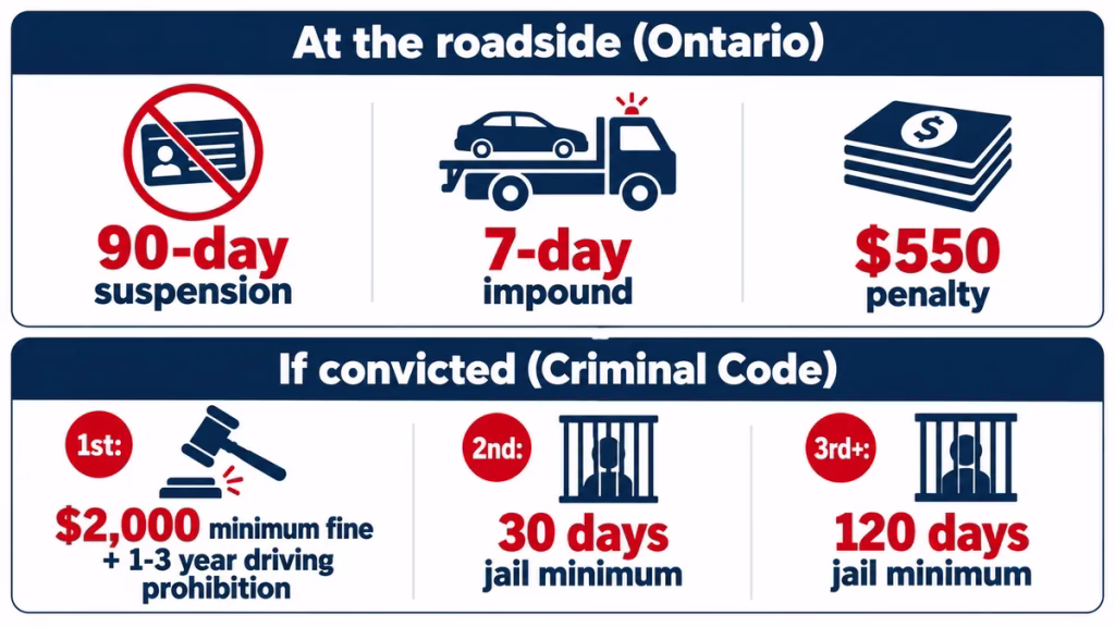 Summary of penalties for breathalyzer refusal in Ontario: roadside suspension, minimum fine, jail minimums and driving prohibition