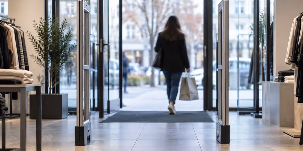 Retail store exit with security gates, representing shoplifting charges in Ontario