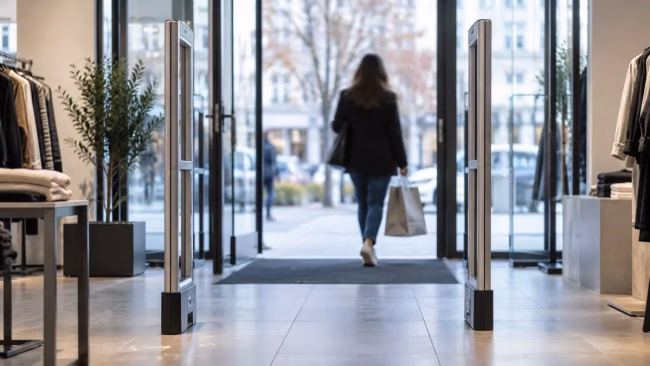 Retail store exit with security gates, representing shoplifting charges in Ontario