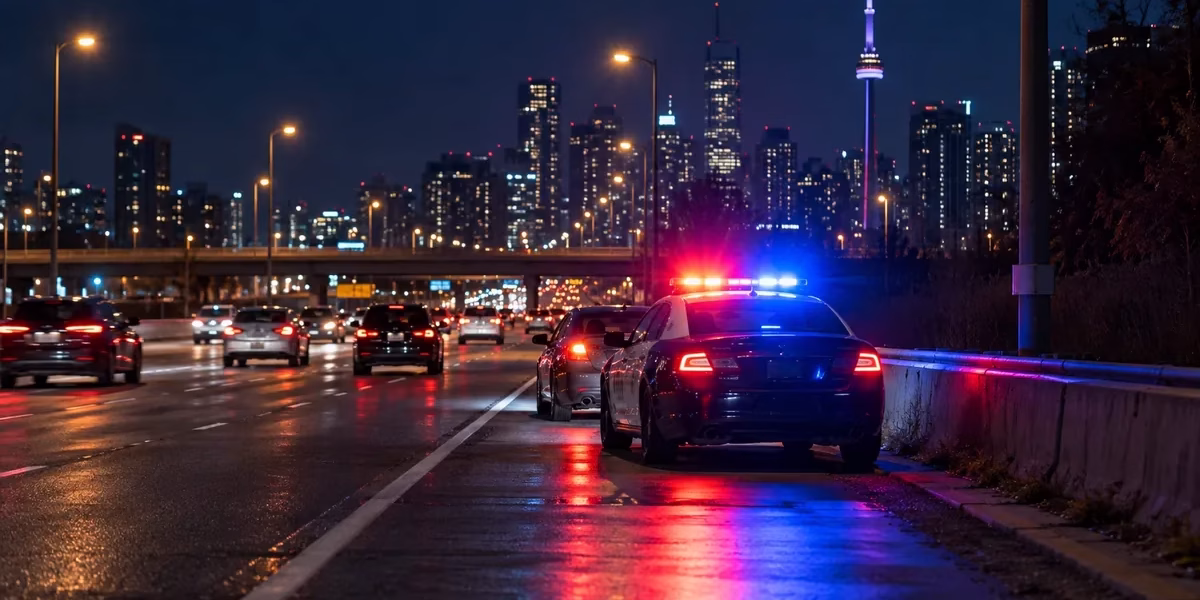 Stunt driving in Ontario Police traffic stop at night illustrating a stunt driving in Ontario charge
