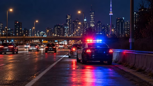 Police traffic stop at night illustrating a stunt driving in Ontario charge