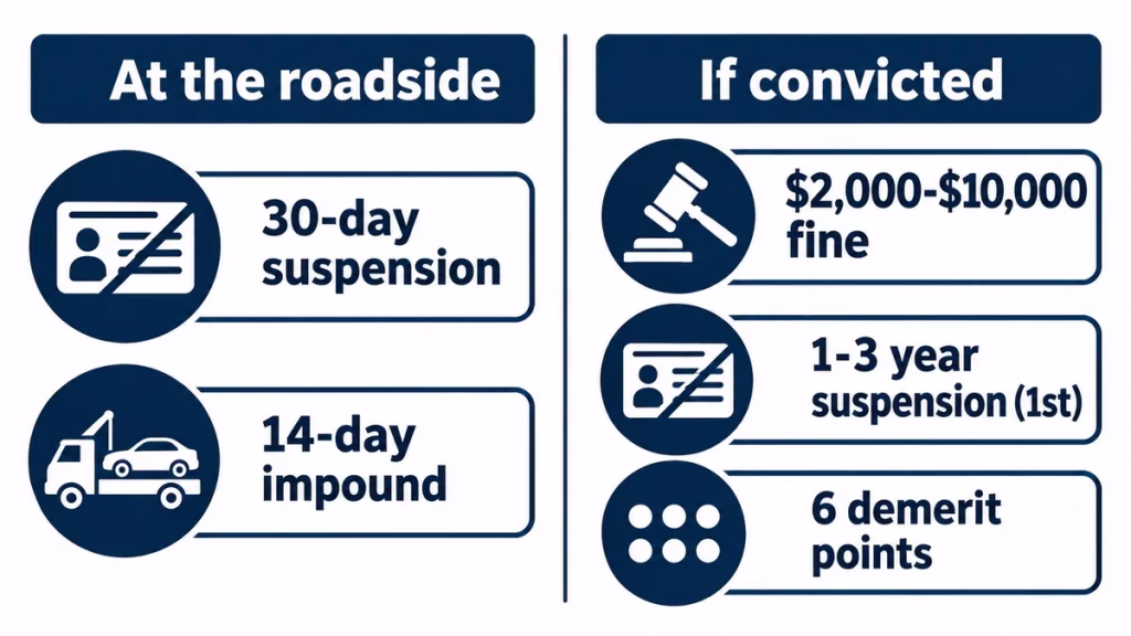 Comparison of roadside stunt driving penalties and penalties after a conviction in Ontario
