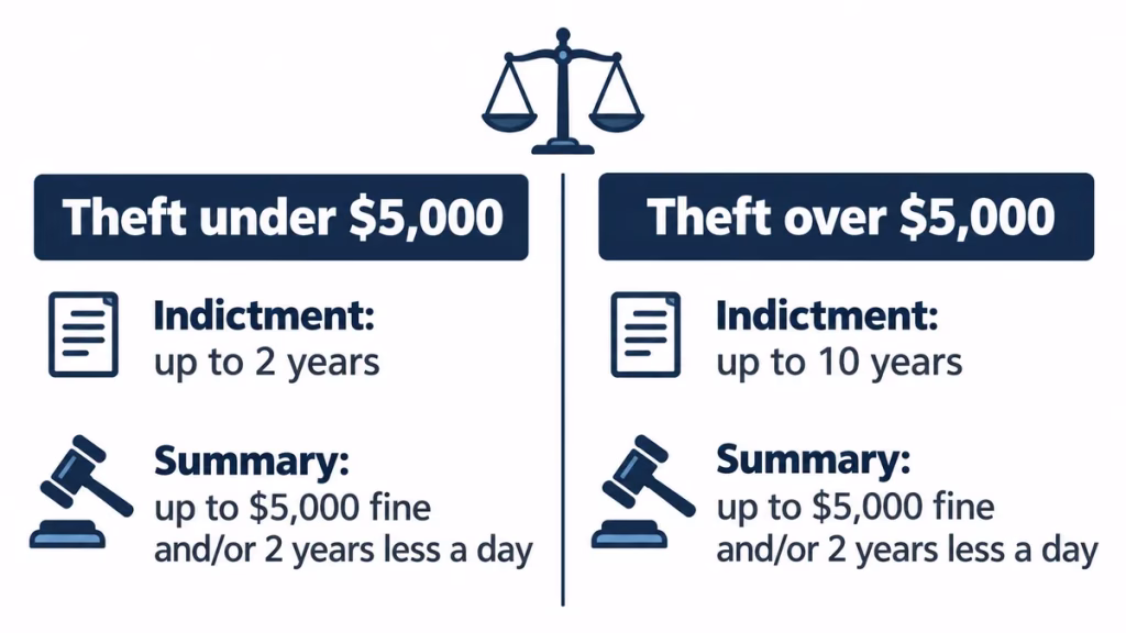 Comparison of maximum penalties for theft under $5,000 and theft over $5,000 in Canada
